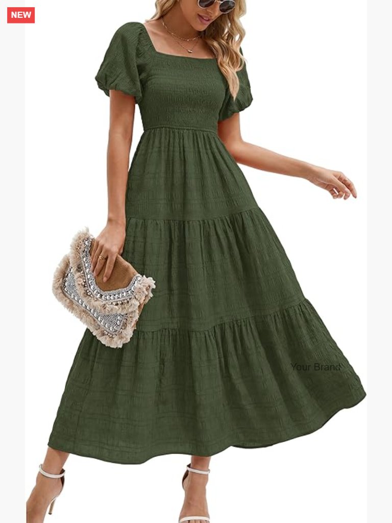 Puff Sleeve Square Neck Smocked Tiered Ruffle A Line Maxi Dress